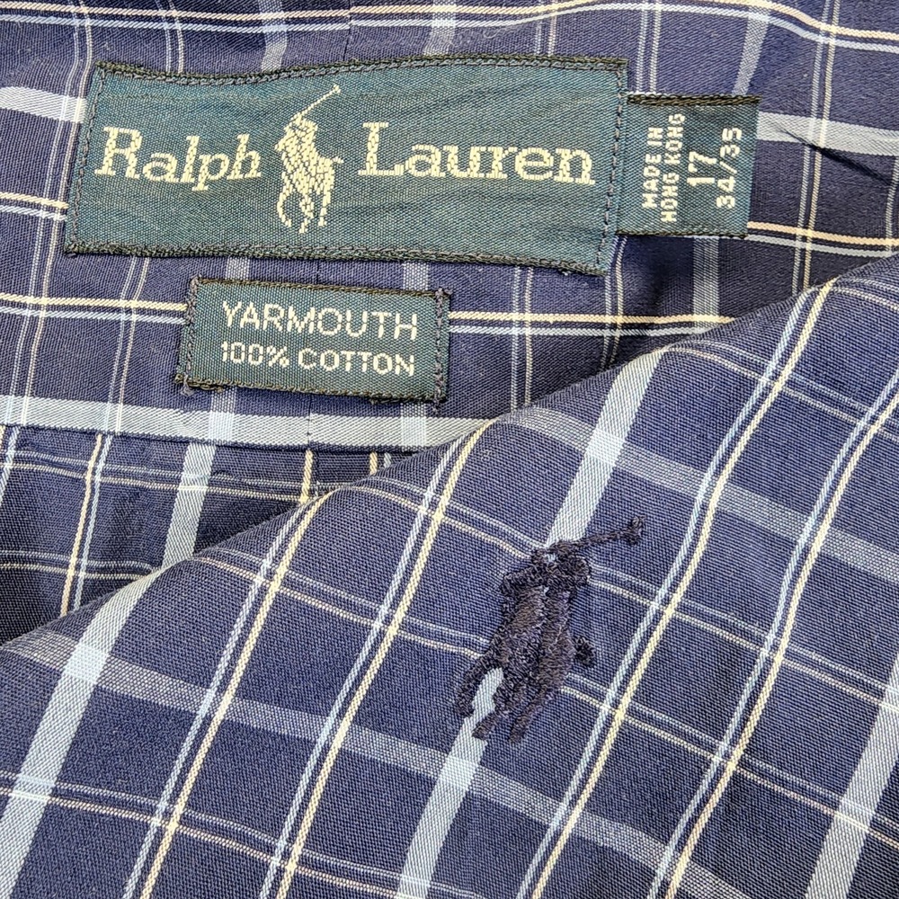 Ralph Lauren Yarmouth Button Dress Shirt Mens 17 34/35 Blue Plaid Long Sleeve‎